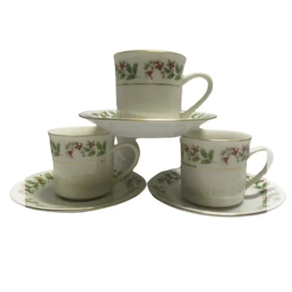 TIENSHAN Poinsettia Ribbons Fine China Replacement Tea Cups Saucers